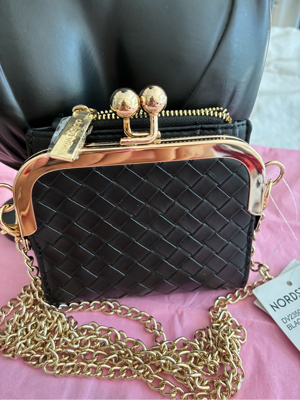 Nordstrom Black Woven Mini Crossbody with Gold Frame